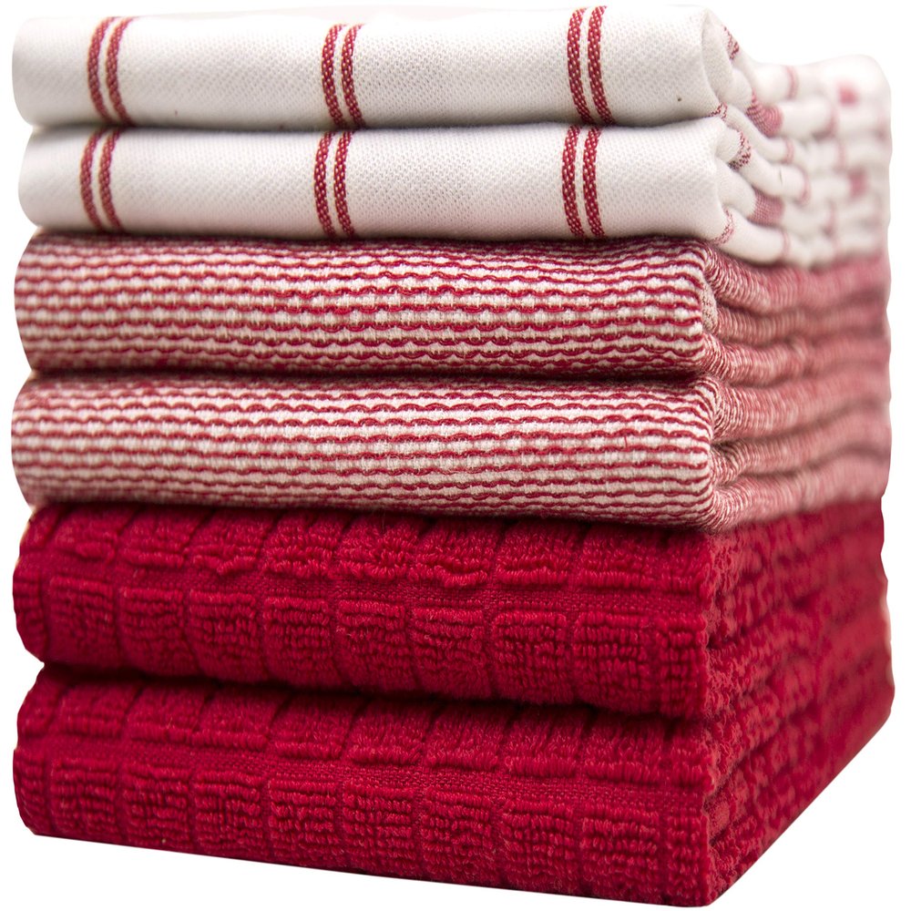 Premium Kitchen Towels (20x 28, 6 Pack) | Large Cotton Dish Towels | Flat & Terry Highly Absorbent Kitchen Linen Set with Hanging Loop | Red Check