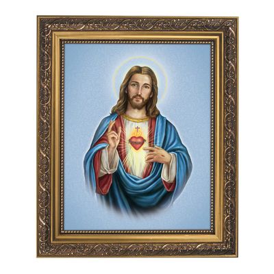 Gerffert Catholic Wall Dcor - Ornate Gold Tone Framed Print with Optional Easel Back, 11" x 13", Sacred Heart of Jesus