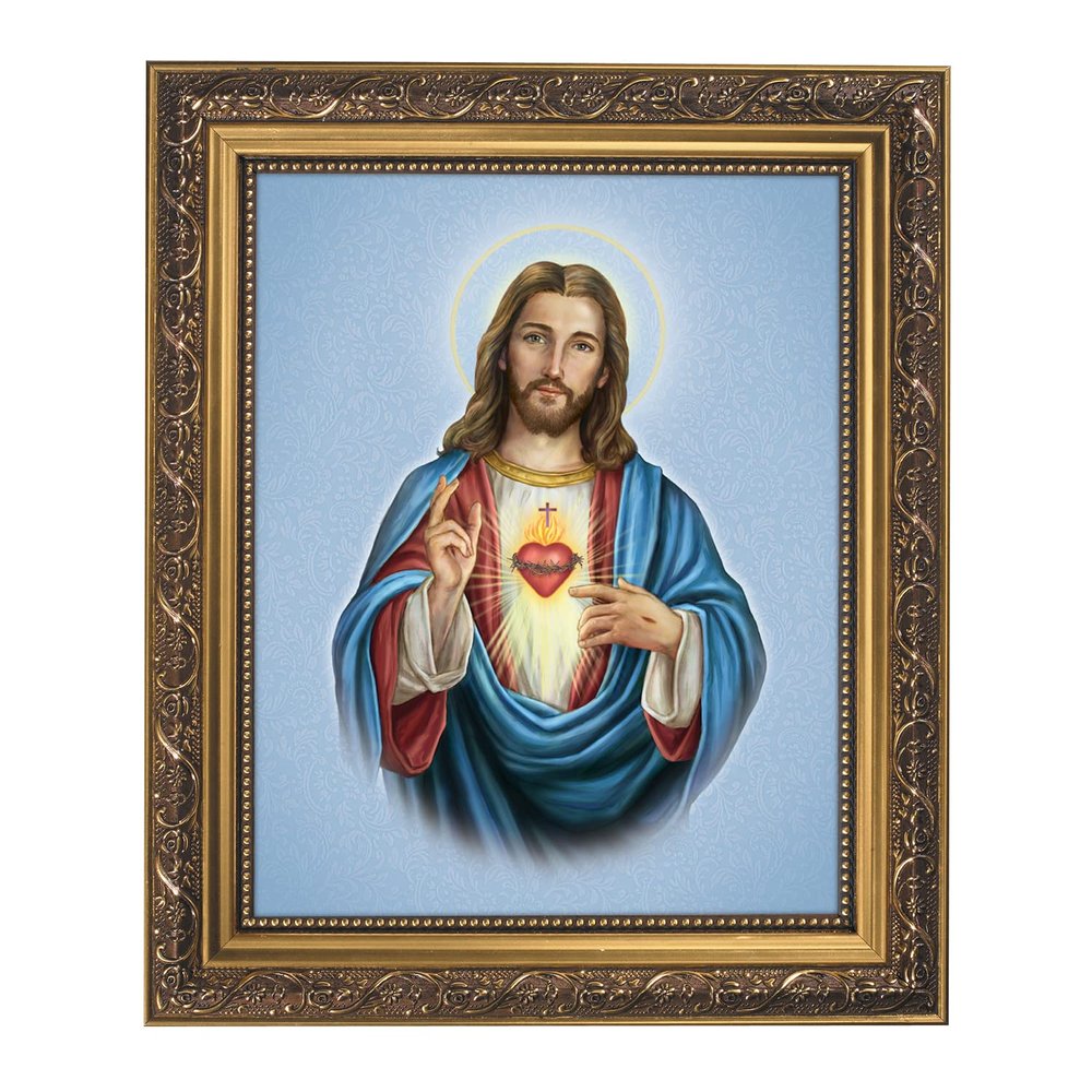 Gerffert Catholic Wall Dcor - Ornate Gold Tone Framed Print with Optional Easel Back, 11" x 13", Sacred Heart of Jesus