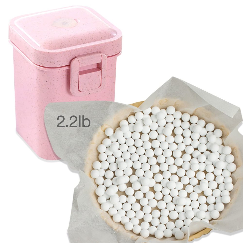 Hommtina 2.2Lb Ceramic Pie Weights Baking Beans Pie Crust Reusable 10mm Weights Natural Ceramic Stoneware with Wheat Straw Container (35 Oz Total) (Pink)