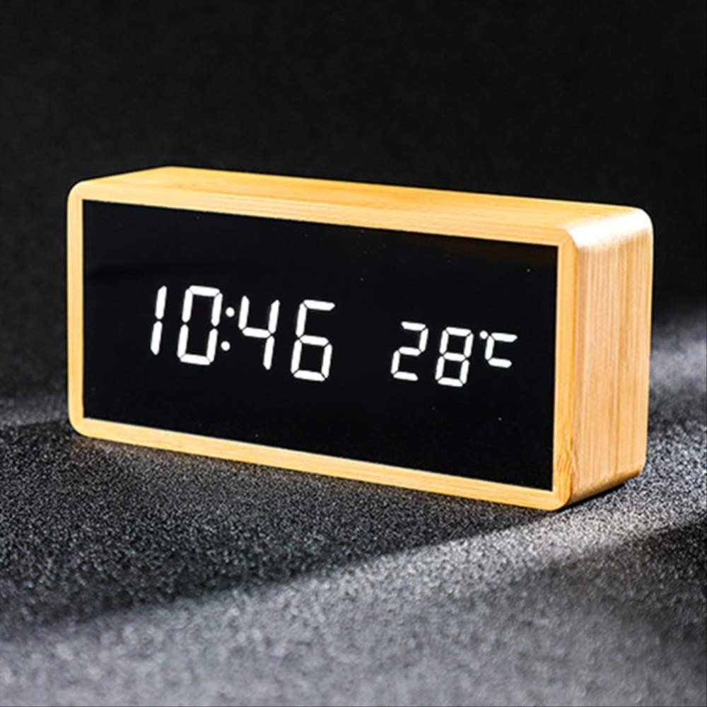 Alarm Clock Bamboo Led Alarm Clocks Temperature Humidity Multifunction Digital Wooden Snooze Clock Voice Control Living Room Decoration Clock