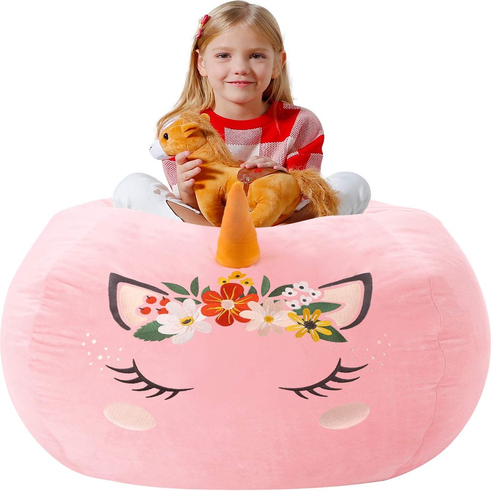 Aubliss Stuffed Animal Storage Bean Bag Chair Cover for Kids,X-Large Velvet Extra Soft Zipper Beanbag for Organizing Toddler and Kids' Rooms Plush Toys,Bean Bag Chair Cover Only,Unicorn Pink Floral