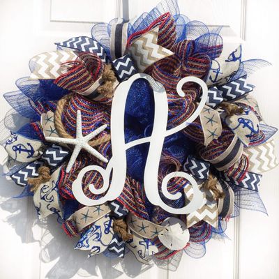 Artisan nautical, beach, coastal wreath with monogram letter A (most letters available), starfish & sand dollar for outdoor or indoor decorations. Wreath is very full, measures 18x18x6