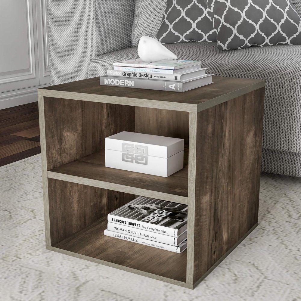Stackable Cube End Table - Contemporary Minimalist Modular Accent Piece with 2 Shelves for Bedroom, Living Room, or Office by Lavish Home (Gray)
