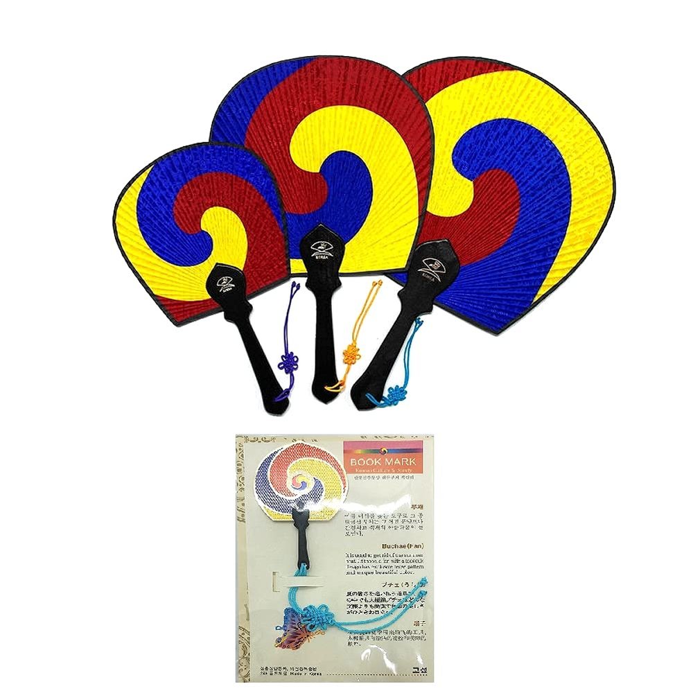 NDM Korean Traditional Fan Taegeuk Pattern Folk Fan   3 Korea Souvenir L M S Size Set + Book Mark Gift
