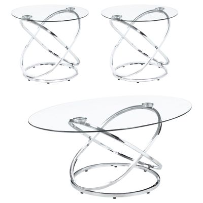 Coaster Home Furnishings - Warren - 3-Piece Coffee Table Set with Clear Glass Oval Tops, Metal Frame with Intertwined Ring Design - Living Room - Chrome - 722373