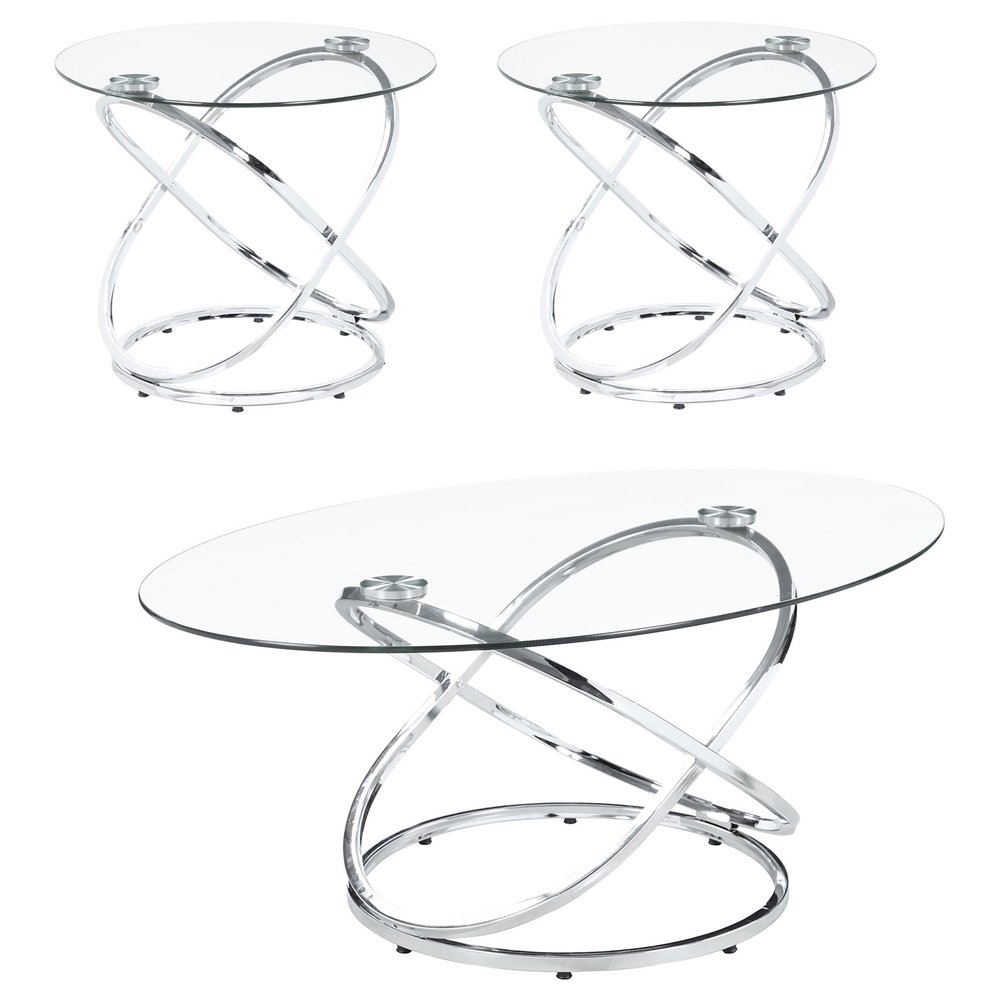 Coaster Home Furnishings - Warren - 3-Piece Coffee Table Set with Clear Glass Oval Tops, Metal Frame with Intertwined Ring Design - Living Room - Chrome - 722373