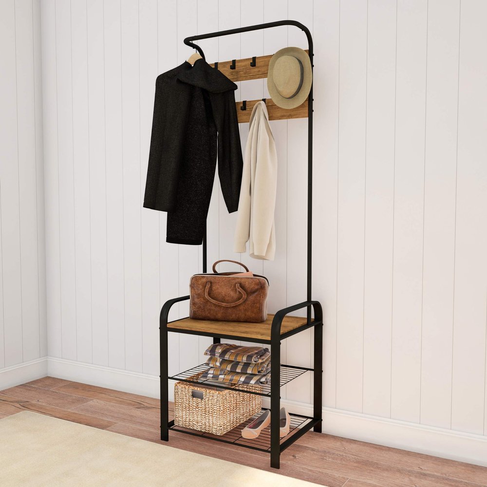 Lavish Home Entryway Bench with Coat Rack - Metal Hall Tree with Seat, Hooks, and Shoe Storage - Rustic Farmhouse Freestanding Mudroom Furniture
