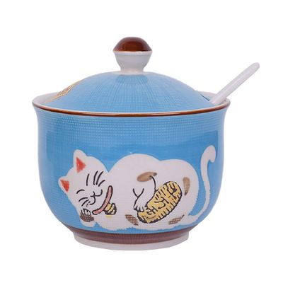 Ceramics Japanese Lucky Cat Sugar Bowl Salt Storage Jar with Lid And Spoon