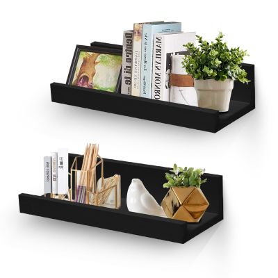 Muzilife 12" Small Floating Wall Ledge Shelves with Lip - Set of 2 Wood Floating Shelves - Black Wall Mounted Picture Ledge for Office, Bathroom, Bedroom, Living Room, Kitchen