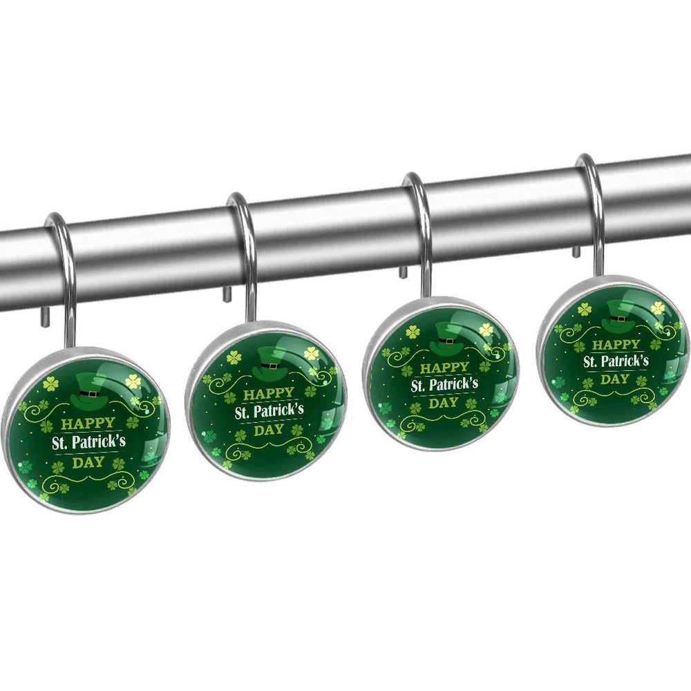 St. Patrick's Day Four Leaf Clover Shower Curtain Hooks Stainless Steel Decorative Shower Curtain Rings for Bathroom Rust Proof 12 Pack Crystal Glass
