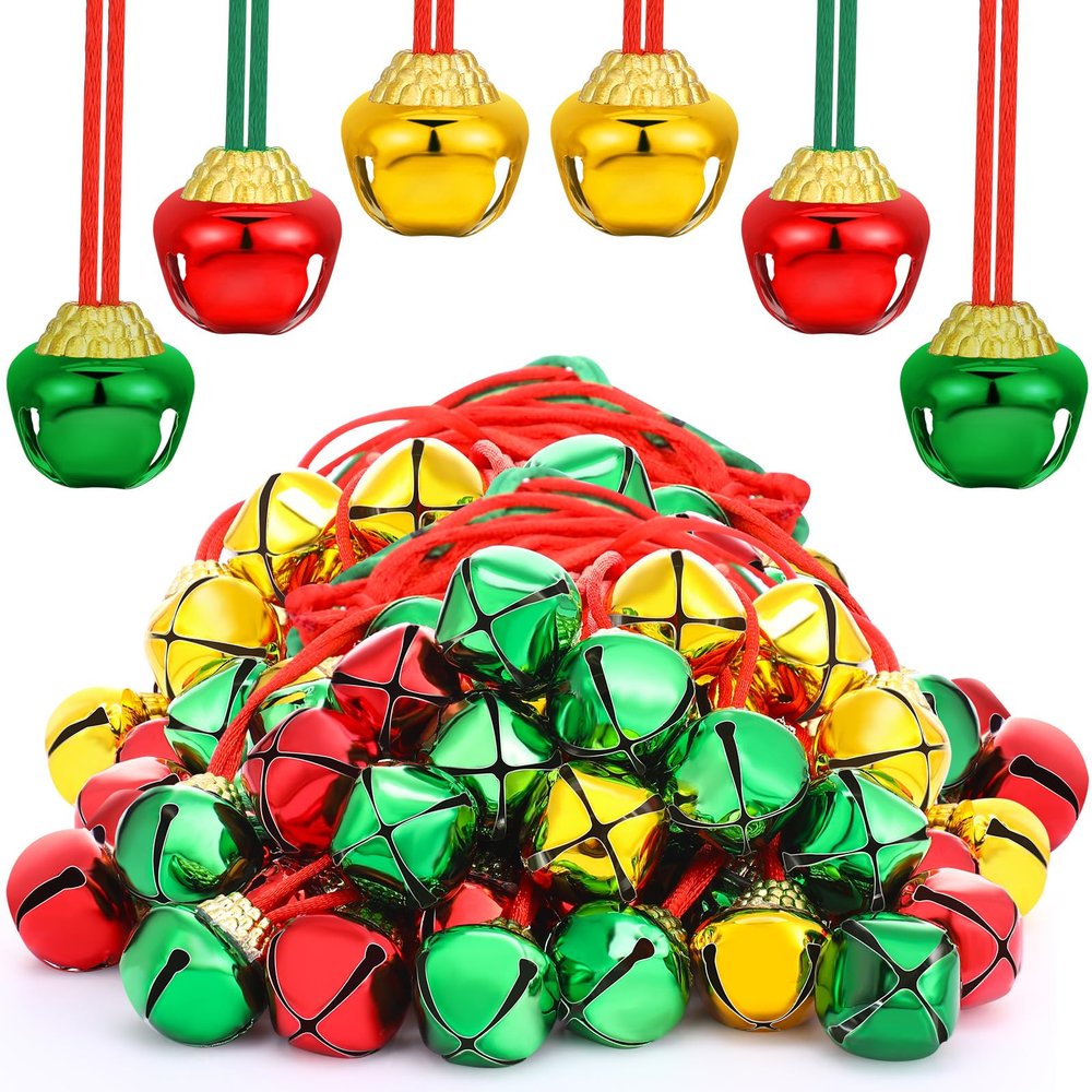 Sumind 72 Pieces Christmas Bell Necklaces Christmas Holiday Gold Green Red Xmas Jingle Necklaces Bell with Ribbons for Craft Gift Supplies Stocking Stuffers Accessories