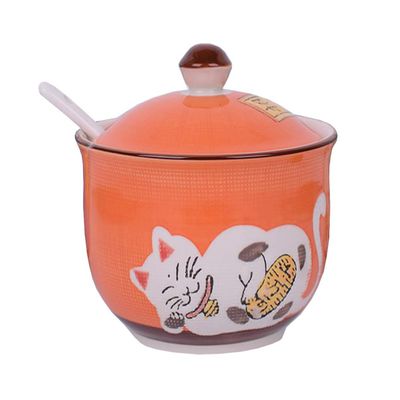 Ceramics Japanese Lucky Cat Sugar Bowl Salt Storage Jar with Lid And Spoon