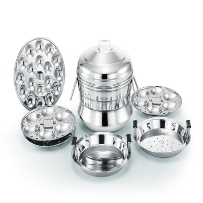 Alisha Italia Stainless Steel All in One Idli Cooker / 3 Idli Plates (18 Idlies) / 1 Dhokla Plate / 1 Steamer Plate and 1 Mini Idli Plate
