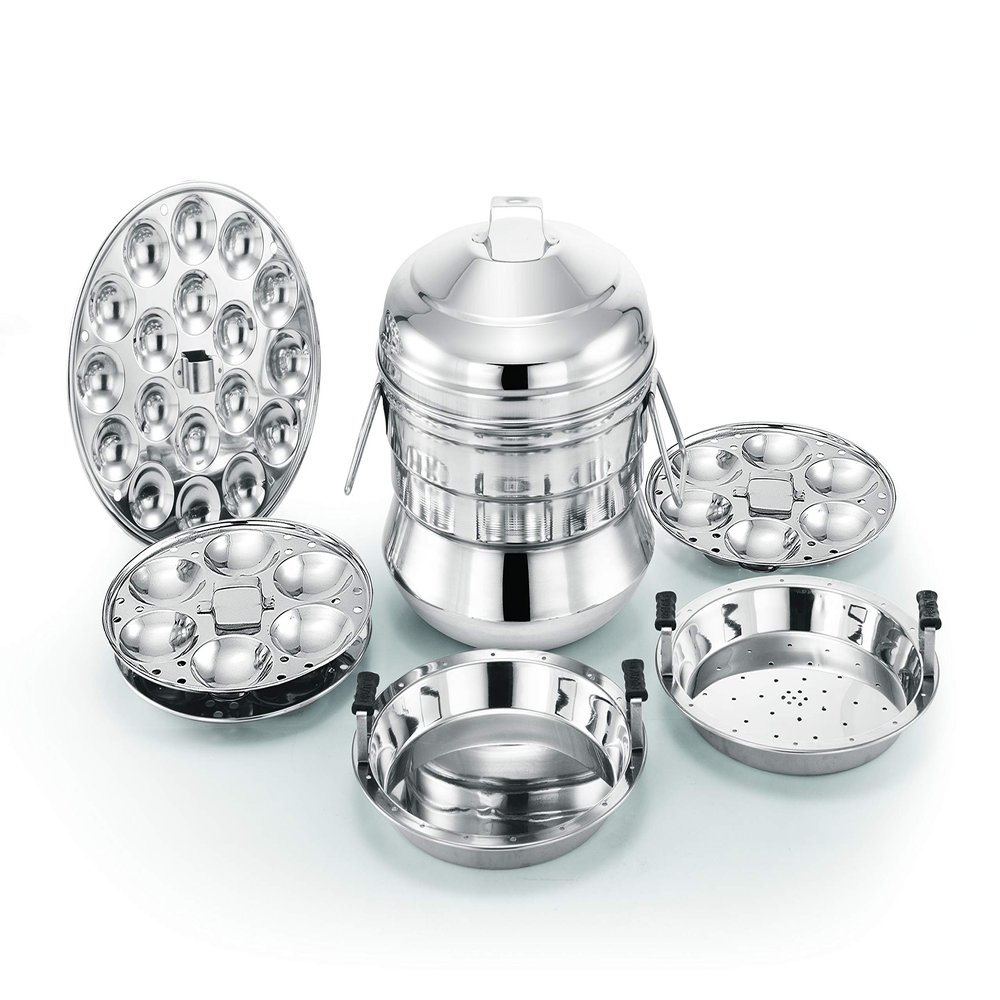Alisha Italia Stainless Steel All in One Idli Cooker / 3 Idli Plates (18 Idlies) / 1 Dhokla Plate / 1 Steamer Plate and 1 Mini Idli Plate
