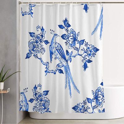 Starojun Bathroom Shower Curtain Dutch Delft Blue Style Historical Watercolour Pattern Authentic Tree Bird Ornate Element Textures Decorative Bath Curtain Water Proof with Hooks 60x72 Inch