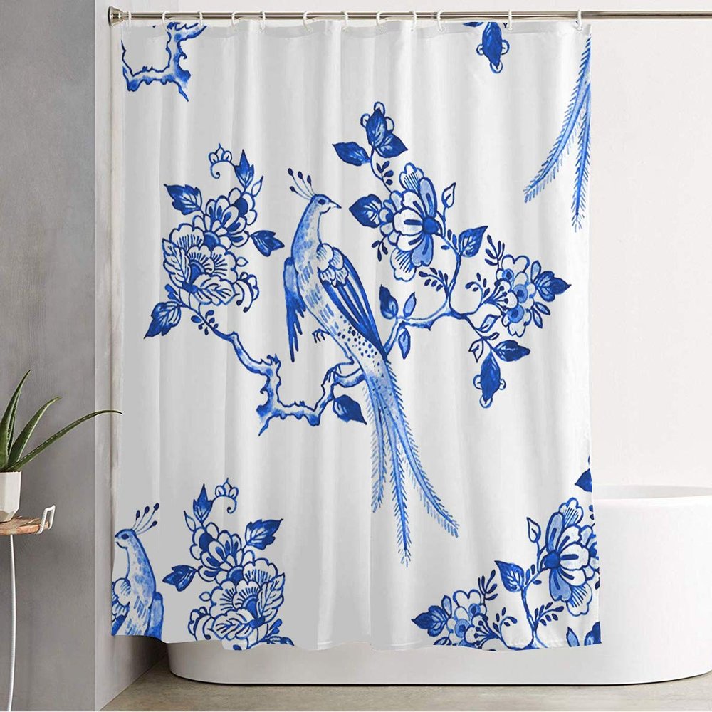 Starojun Bathroom Shower Curtain Dutch Delft Blue Style Historical Watercolour Pattern Authentic Tree Bird Ornate Element Textures Decorative Bath Curtain Water Proof with Hooks 60x72 Inch