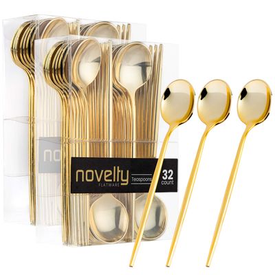 Novelty Modern Flatware, Cutlery, Disposable Plastic Teaspoons/Dessert Spoon Luxury Gold 64 Count