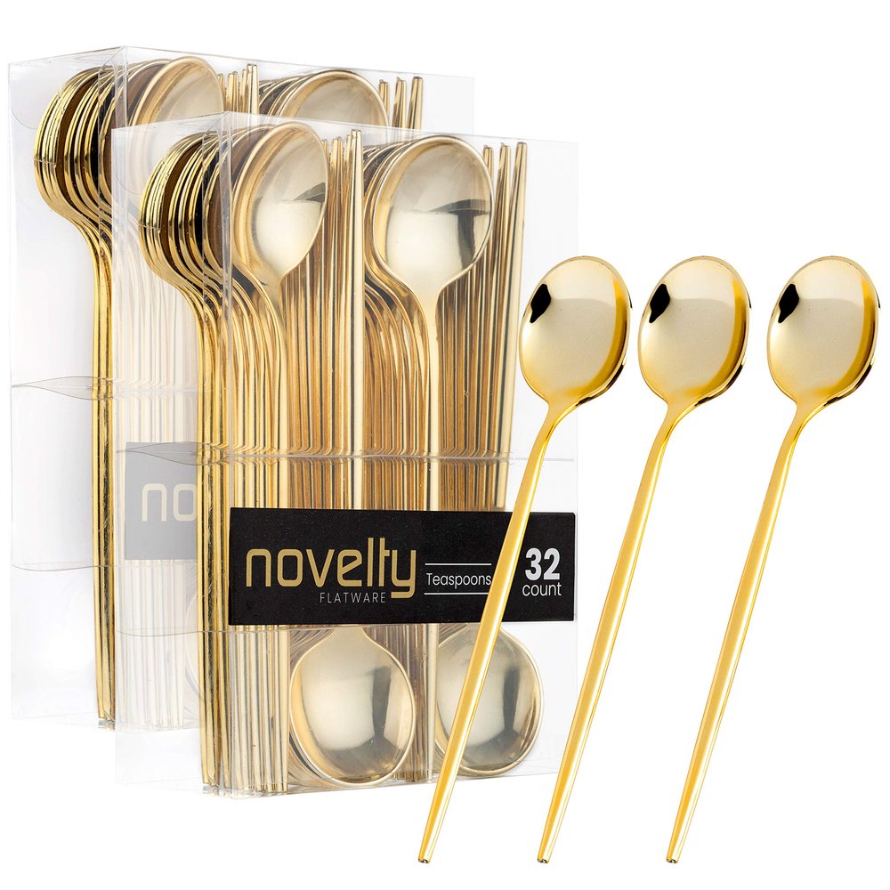 Novelty Modern Flatware, Cutlery, Disposable Plastic Teaspoons/Dessert Spoon Luxury Gold 64 Count
