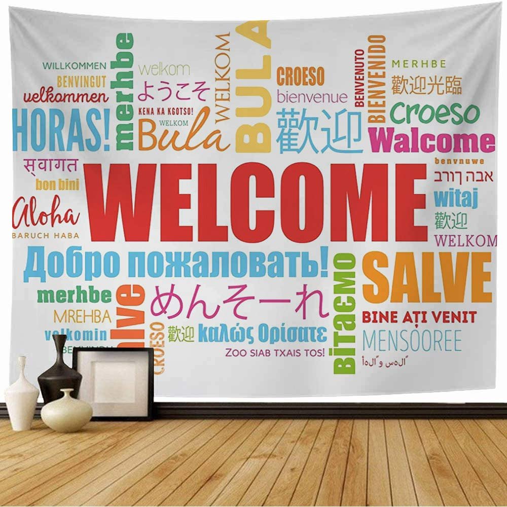 Starolal Tapestry in Welcome Word Cloud Different Languages Conceptual Business Spanish Finance Education Japanese Beach Tapestry Funny Tapestry for Living Room Bedroom 80x60 Inch