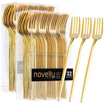 Novelty Modern Flatware, Cutlery, Disposable Plastic Salad forks Luxury Gold 64 Count