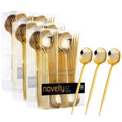 Novelty Modern Flatware, Cutlery,Disposable Plastic Soup Spoons Luxury Gold 64 Count