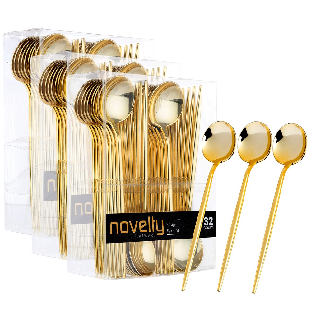 Novelty Modern Flatware, Cutlery,Disposable Plastic Soup Spoons Luxury Gold 64 Count