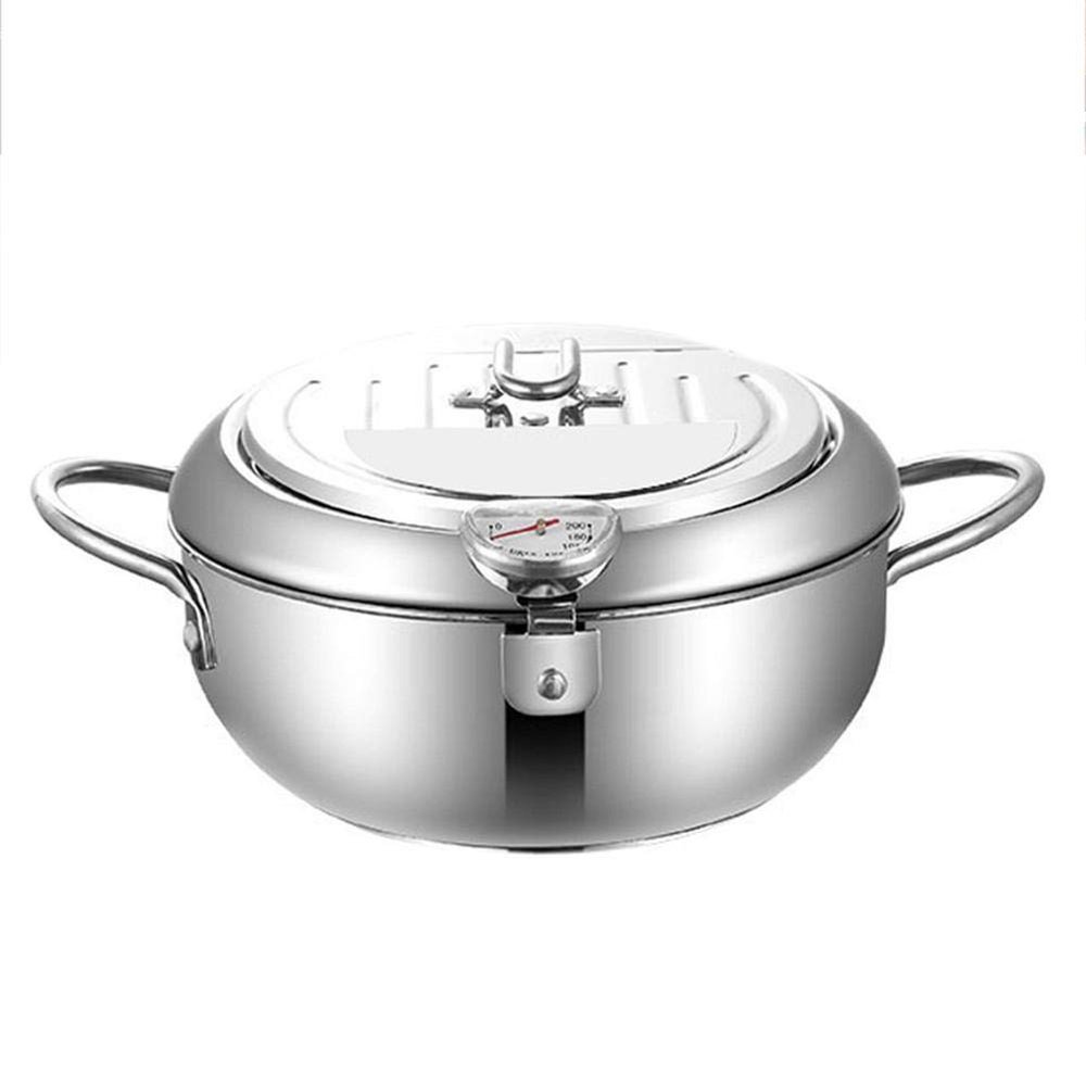 TIYOORTA Deep Frying Pan,Japanese Style Deep Frying Pot Thermometer Tempura Fryer Pan Temperature Control Fried Chicken Pot Cooking Tools Kitchen Utensil (24CM)