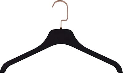 Black Rubber Coated Plastic Top Hanger with Rose Gold Flat Hardware in 16.5" Length X 7/16" Thick, Box of 50
