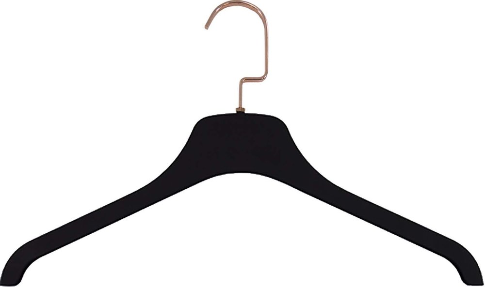 Black Rubber Coated Plastic Top Hanger with Rose Gold Flat Hardware in 16.5" Length X 7/16" Thick, Box of 50