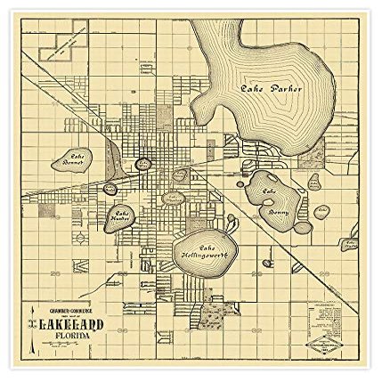 Antiguos Maps - City of Lakeland, Florida circa 1925 - measures 24 in x 28 in (610 mm x 711 mm)