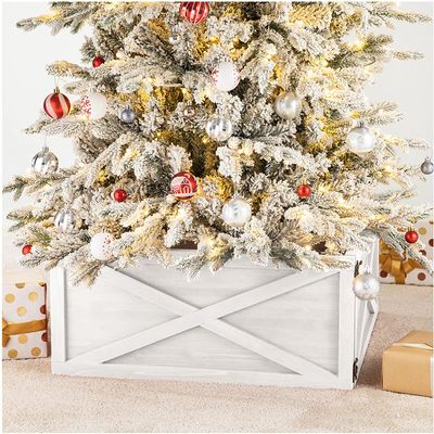 Glitzhome 26" L Washed White Wooden Tree Collar Tree Stand Cover Christmas Tree Skirt Collar