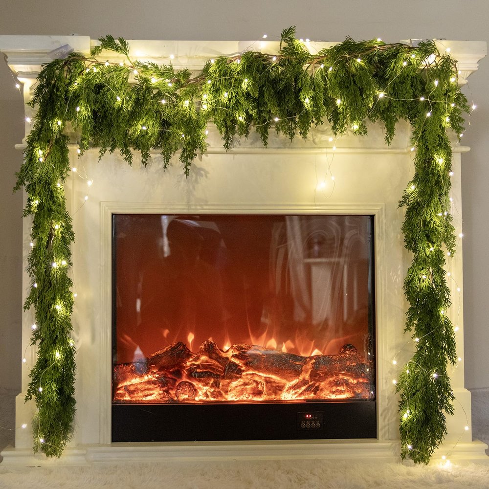 6FT PARTY JOY Seasonal Artificial Christmas Garland with LED String Lights Pine Needle Cypress Garland for Holiday Winter Indoor Outdoor Decor