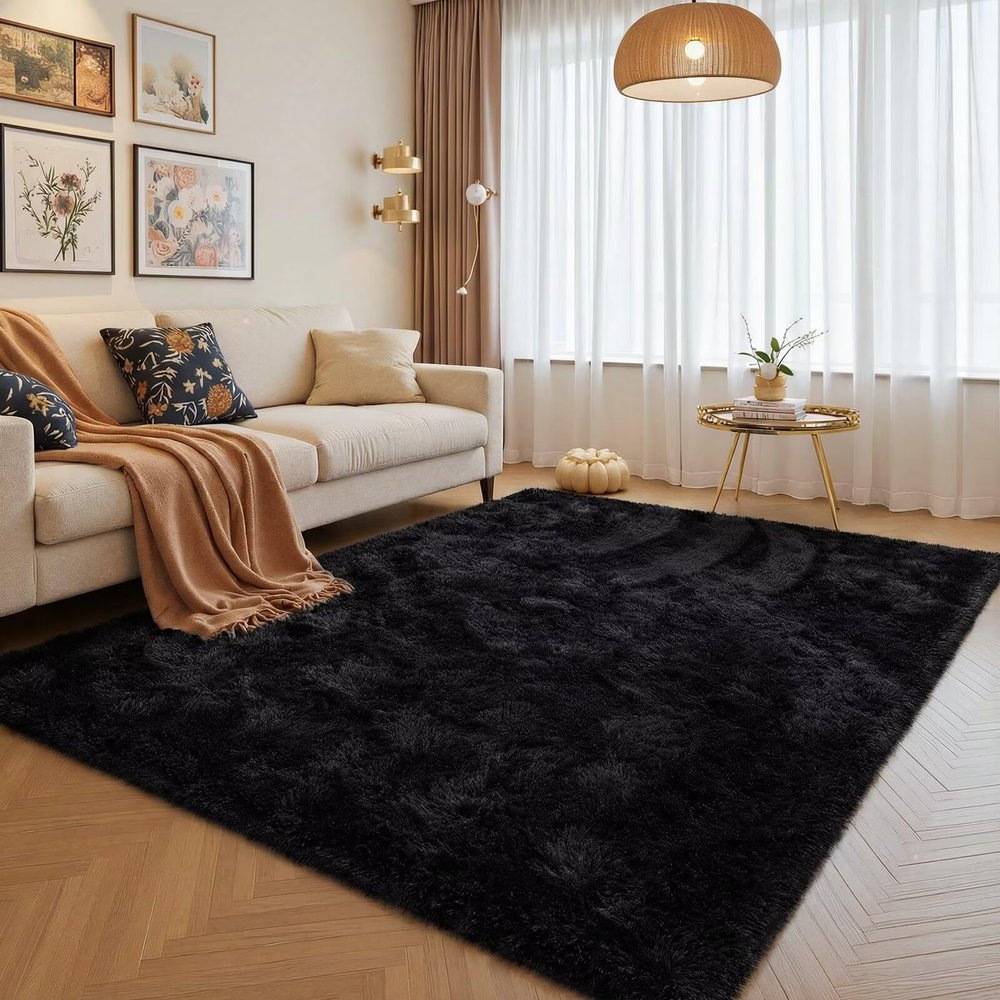 junovo Washable, Non-Slip Area Rug, Ultra Soft Area Rugs 6x9 Feet Fluffy Carpets for Bedroom Kids Girls Boys Baby Living Room Shaggy Floor Nursery Rug Home Bedroom Mats, Black