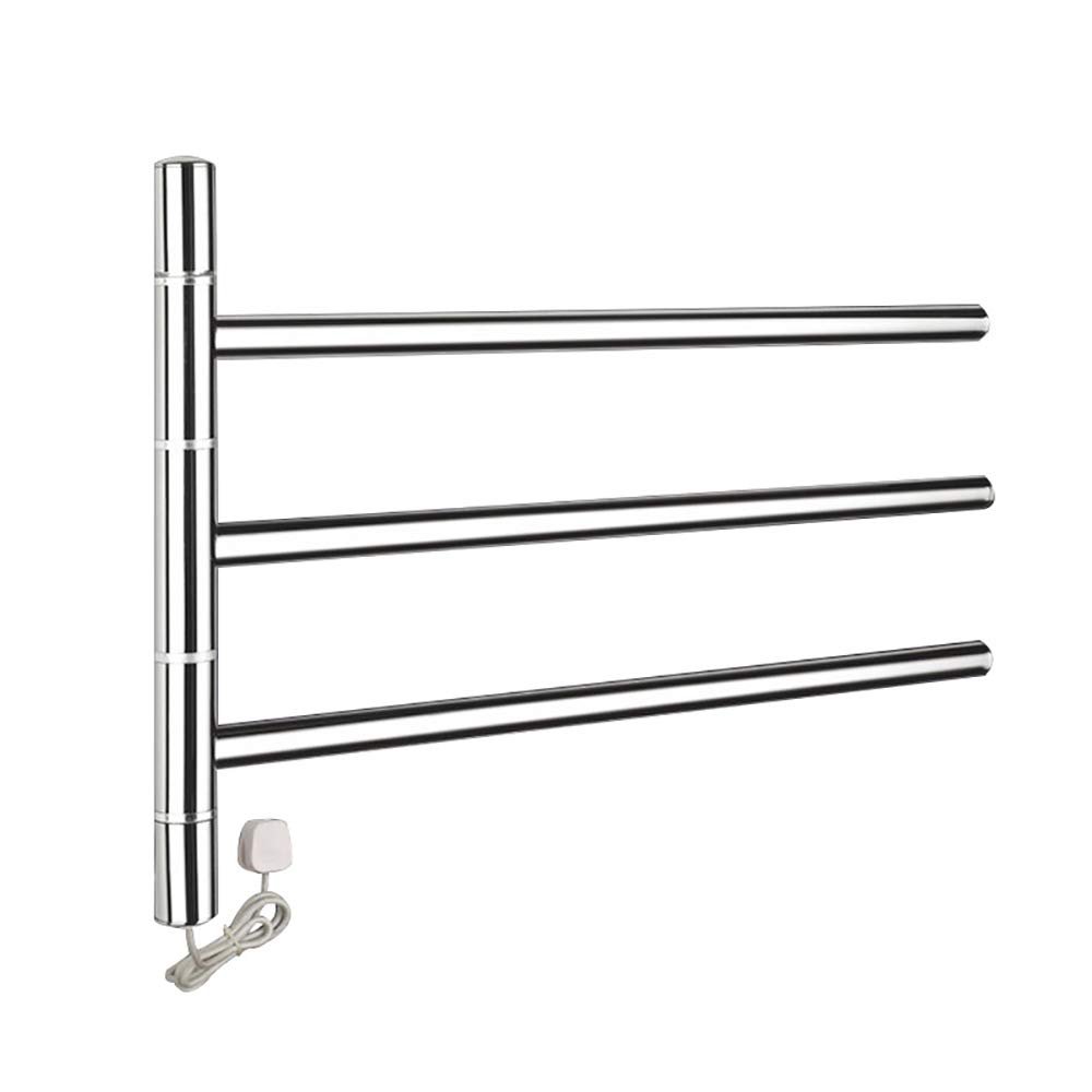 GLYYR Electric Towel Warmer, Chrome Heated Towel Rack with 3 Swing Bars 304 Stainless Steel Electric Drying Rack Wall Mounted Folding Arm Swivel Hanger for Bathroom, 5645cm,Hardwired