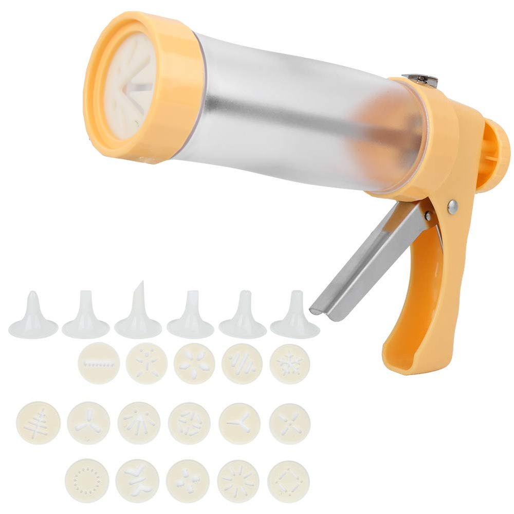 Cookie Press Maker Set, Yellow PP Plastic and Stainless Steel, 8.7 inch Height, with 16 6 Decorating Nozzles, Cake Decorating Tool