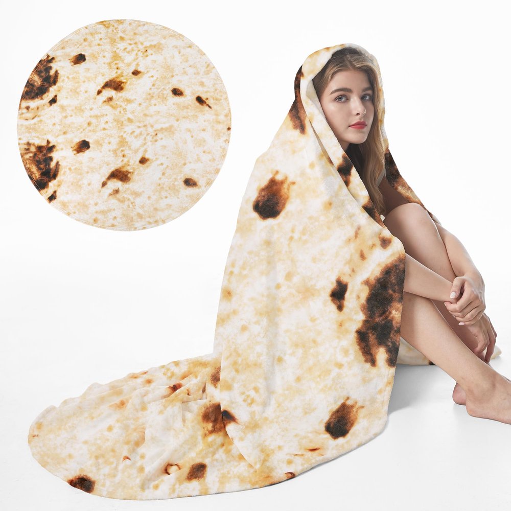 Admitrack Burrito Tortilla Blanket 80in, Double Sided Super Soft Flannel Throw, Gag Novelty Tortilla White Elephant Gift for Christmas Adults Kids Couples Parties