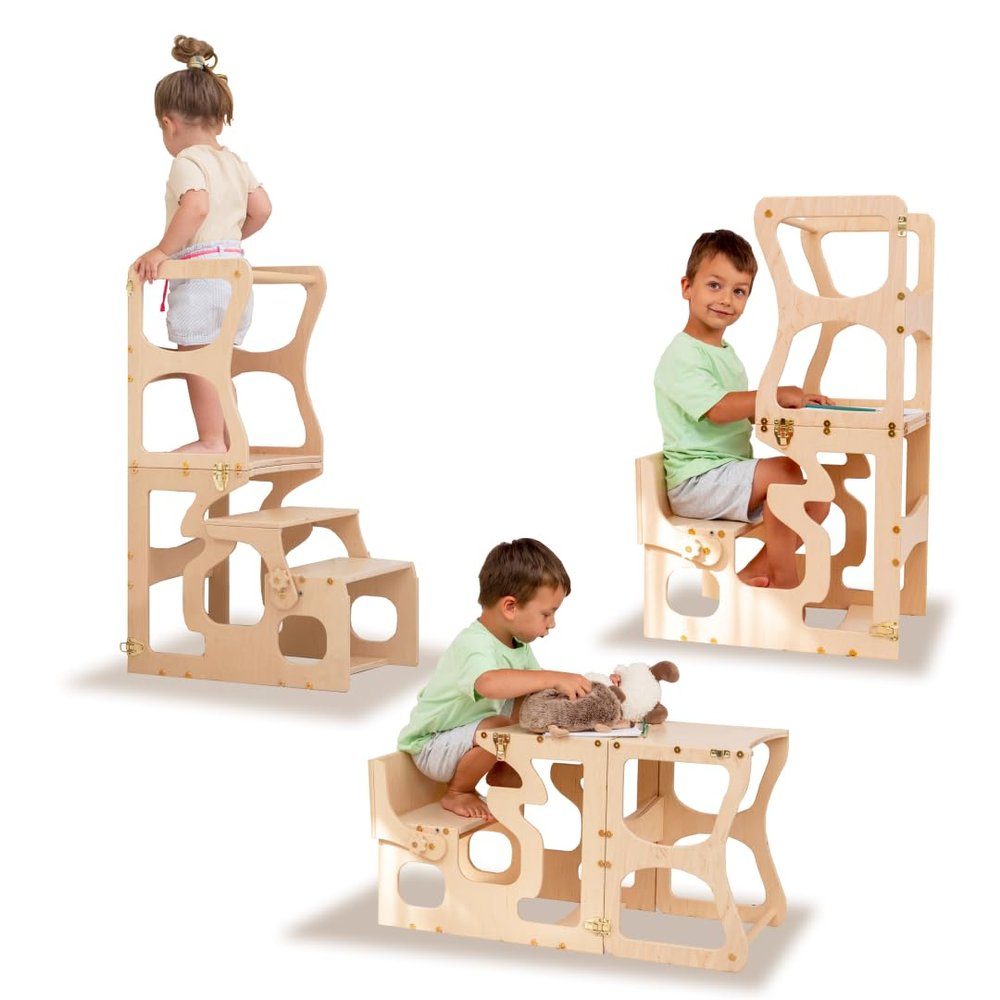 Woodandhearts Step Stool, Made in UA, Helping Tower, Toddler Standing Tower, Kids' Stool for Kitchen, Kids Step Stool, Toddler Kitchen Stool (with Shapes)