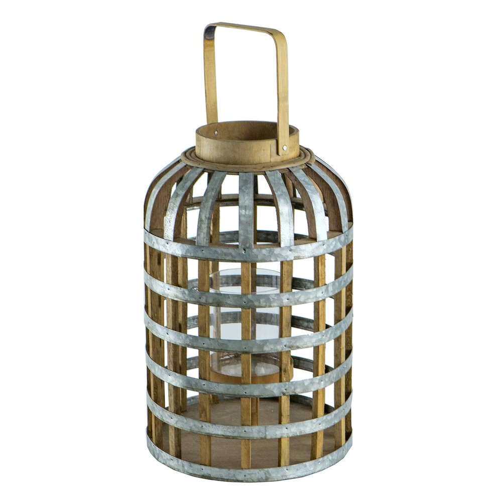 A & B Home Natural Wood Lantern with Galvanized On The Surface,Industrial Styles, Used at Garden Display, Table Top, Hanging Wall Sconce,11.4x11.4x22.4 inch