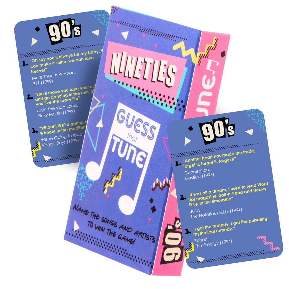 Boxer Gifts Nineties Guess That Tune Music Card Games for Adults and Families | Song Lyrics Game Night - Name The 90s Song Trivia | 1990s Nostalgia Gifts for Music Lovers