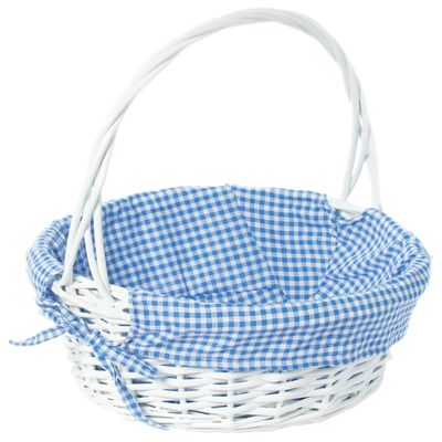 White Round Willow Wicker Gift Basket with Blue Gingham Liner & Handle, Medium  Decorative Foraging, Picnic, Storage Basket