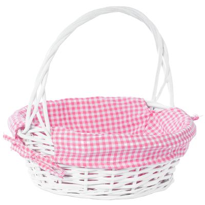 White Round Willow Gift Basket with Pink Gingham Liner & Handle, Small Empty Christmas Basket for Gifts, Holiday Wicker Basket, Basket to Fill
