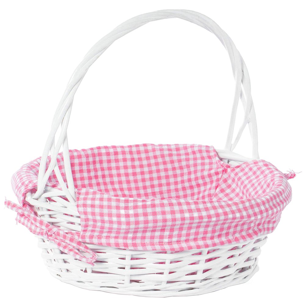 White Round Willow Gift Basket with Pink Gingham Liner & Handle, Small Empty Christmas Basket for Gifts, Holiday Wicker Basket, Basket to Fill