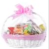 White Round Willow Gift Basket with Pink Gingham Liner & Handle, Small Empty Christmas Basket for Gifts, Holiday Wicker Basket, Basket to Fill view 2
