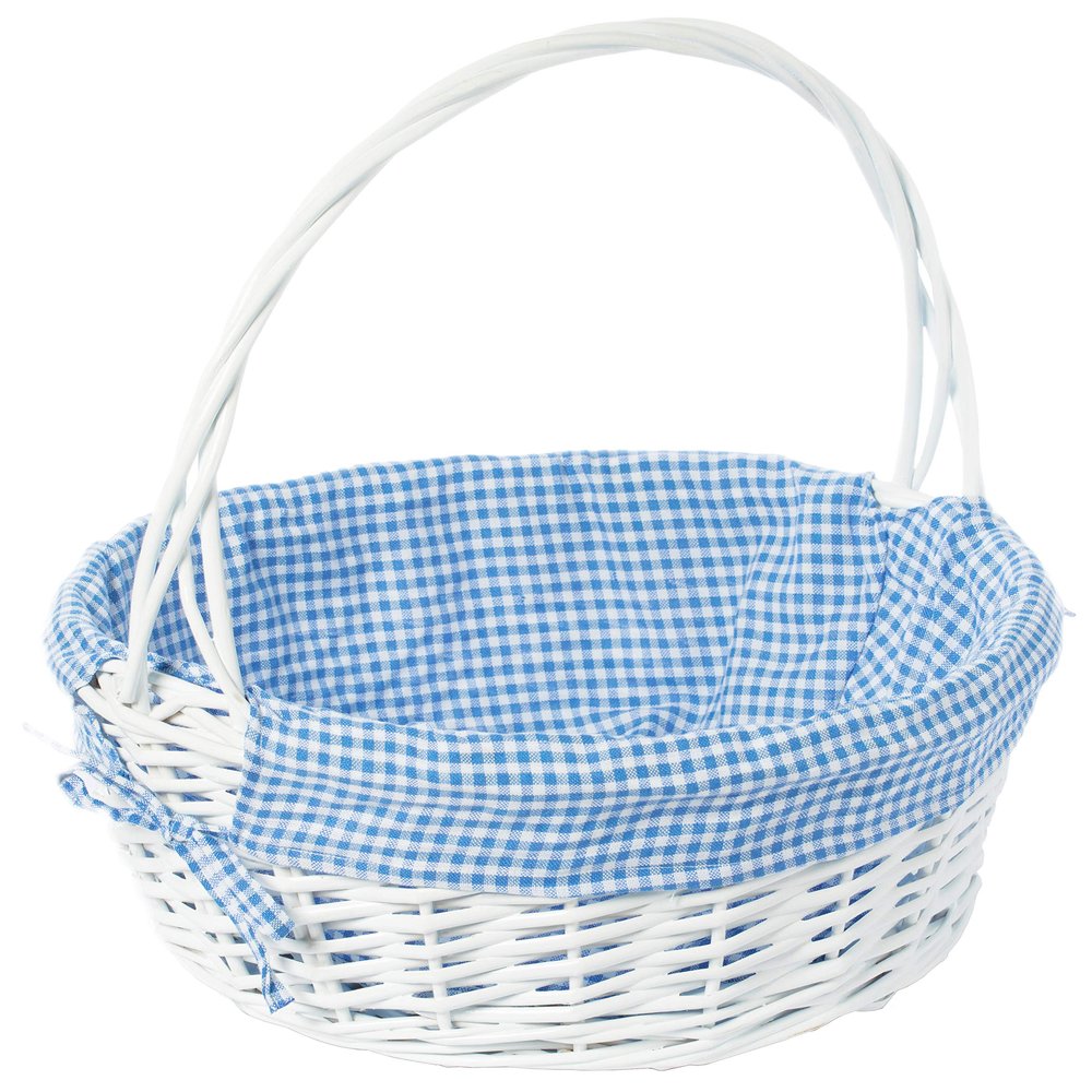White Round Willow Wicker Gift Basket with Blue Gingham Liner & Handle, Large  Decorative Foraging, Picnic, Storage Basket
