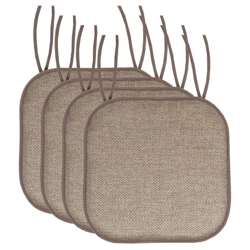 Sweet Home Collection Chair Cushion Memory Foam Pads with Ties Honeycomb Pattern Slip Non Skid Rubber Back Rounded Square 16" x 16" Seat Cover, 4 Pack, Cameron Beige Brown