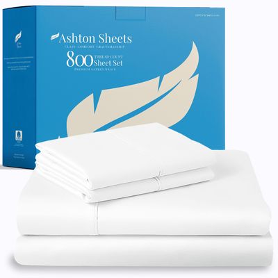Ashton Sheets 100% Egyptian Cotton Sheets Queen Size Bed Set - 4 PC 800 High Thread Count Egyptian Cotton Queen Sheet Set (White), Soft, Cooling, 16" Deep Pocket Sateen Weave Luxury Hotel Bedsheet