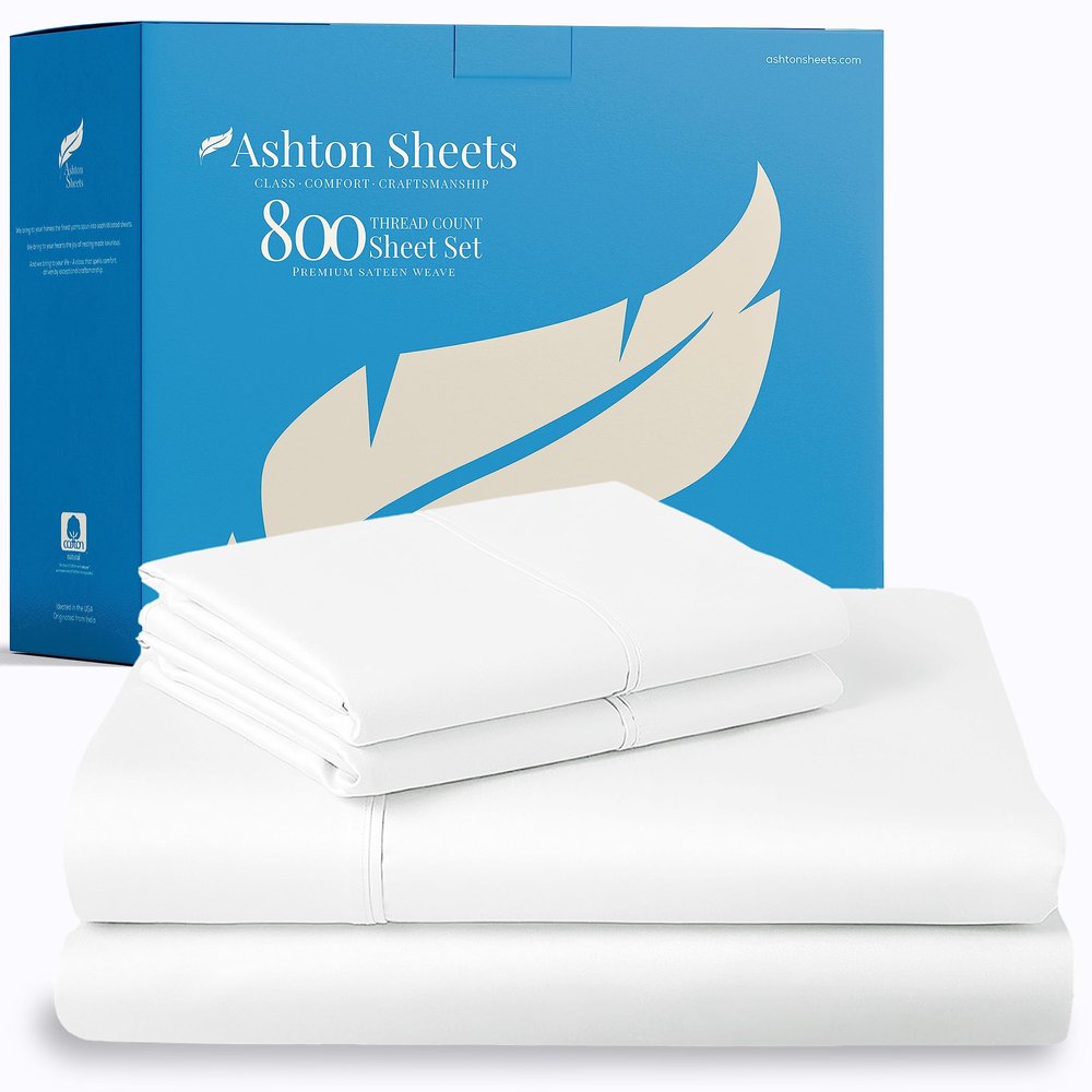 Ashton Sheets 100% Egyptian Cotton Sheets Queen Size Bed Set - 4 PC 800 High Thread Count Egyptian Cotton Queen Sheet Set (White), Soft, Cooling, 16" Deep Pocket Sateen Weave Luxury Hotel Bedsheet