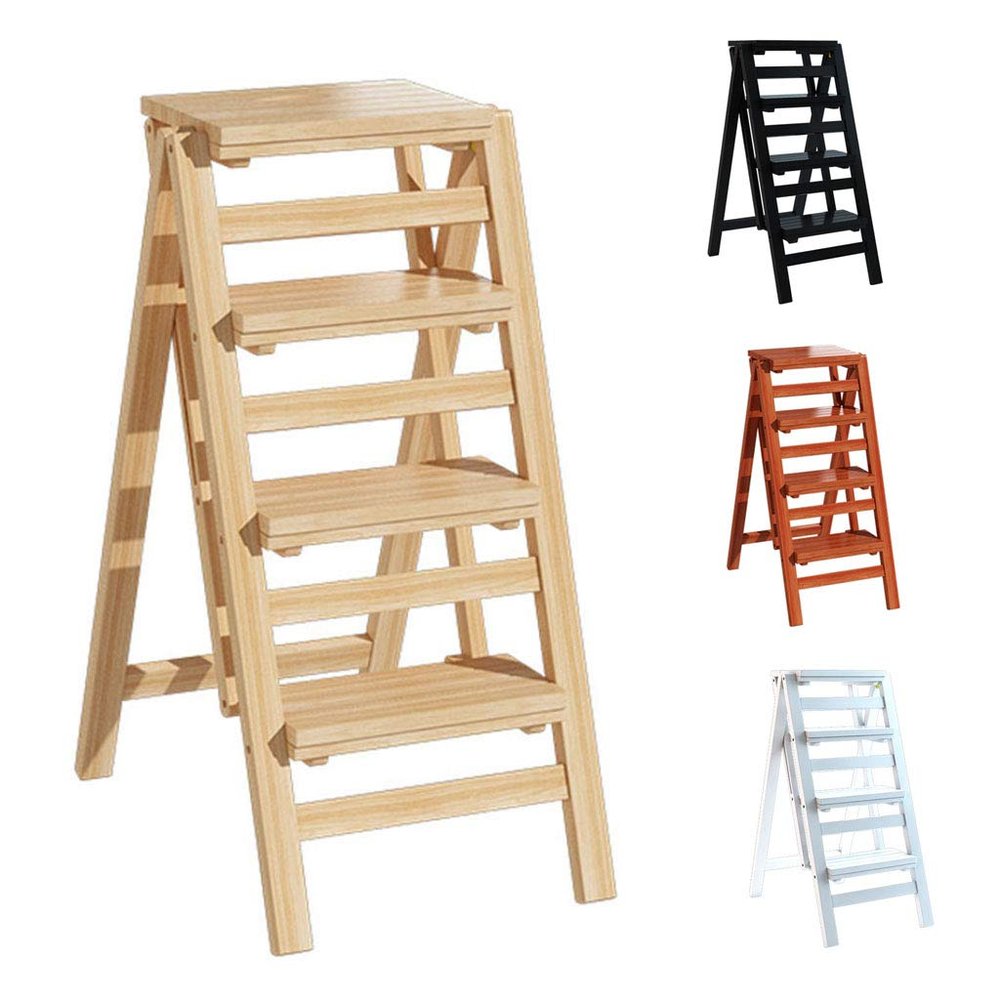CGF-Stands Home Stool Wooden Folding Ladder Chair Thickened Library Stair Chair Portable Light Garden Tool Ladder Maximum Load 300LB 4 Step