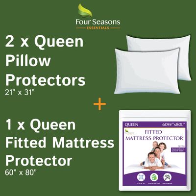 Bundle - 2 Items: Queen Size Fitted Sheet Mattress Cover + Queen Waterproof Pillow Protectors (2PC)